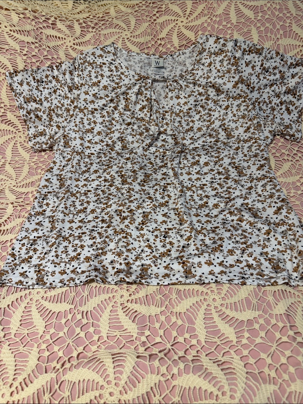 Wrapper White Floral Tie-Neck Blouse with Brown Print